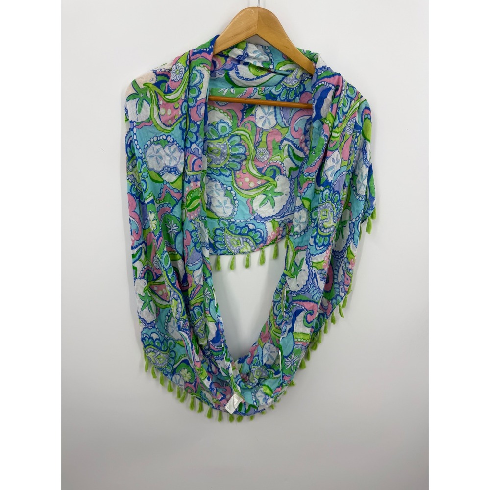 Lilly Pulitzer infinity loop scarf Conch Republic green tassel trim